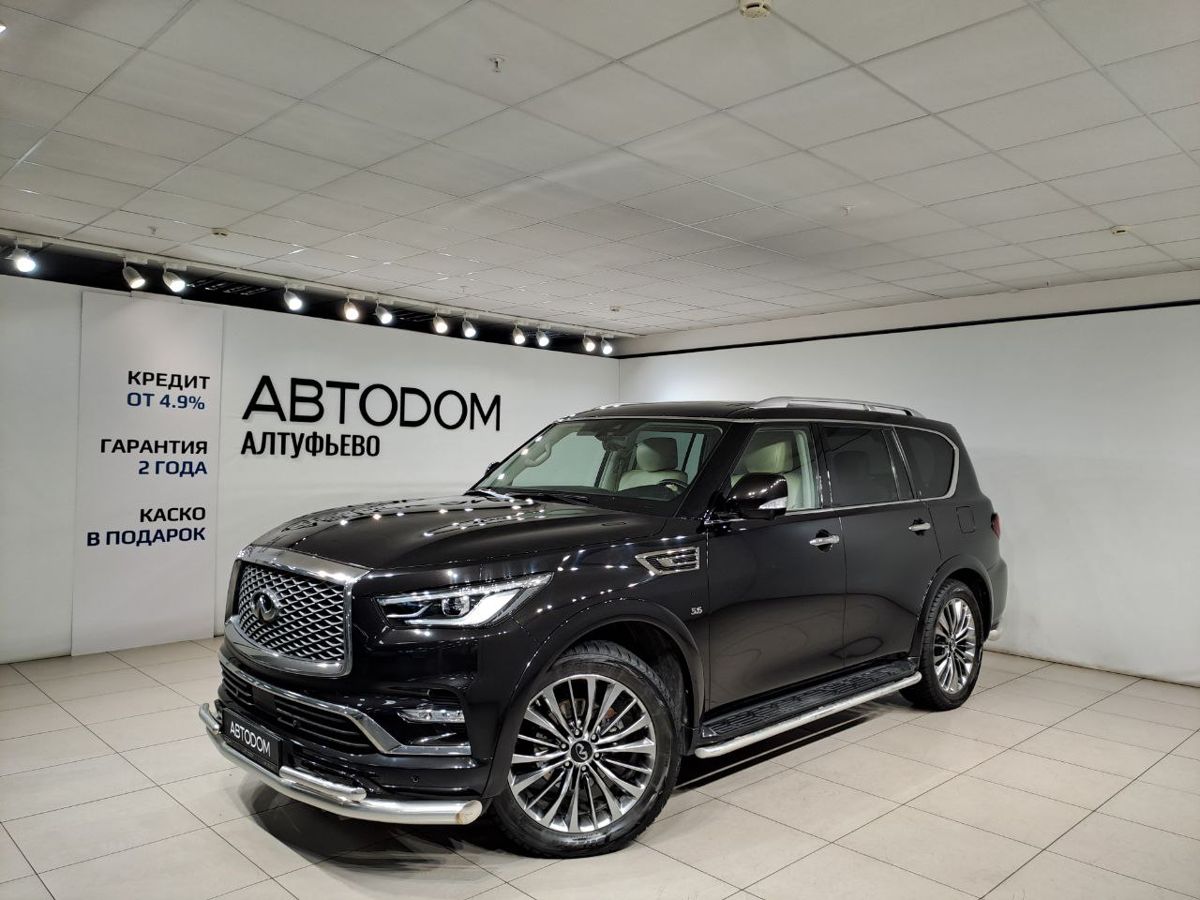 Автомобиль Infiniti QX80 I (Z62) [2-й рестайлинг] 5.6 AT 4WD (405 л.с.) Luxe Sensory Proactive 8-местный Чёрный 2019 с пробегом 102 244 км